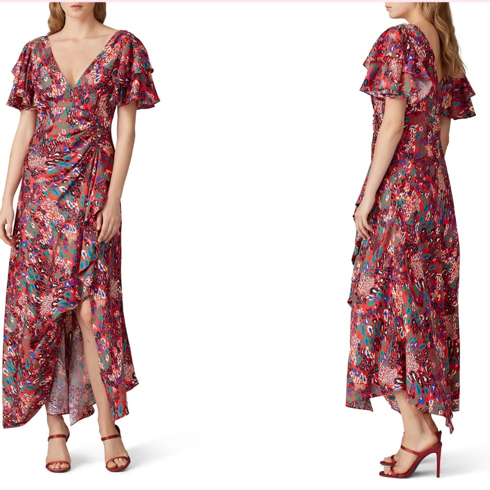 Tanya Taylor - Clementine Silk Flutter Sleeve Floral Leopard Print Wrap Dress